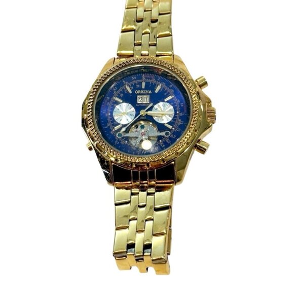 Orkina Men Fashion Chronograph Gold Tone Automatic Analog 49mm Watch 8 3/4